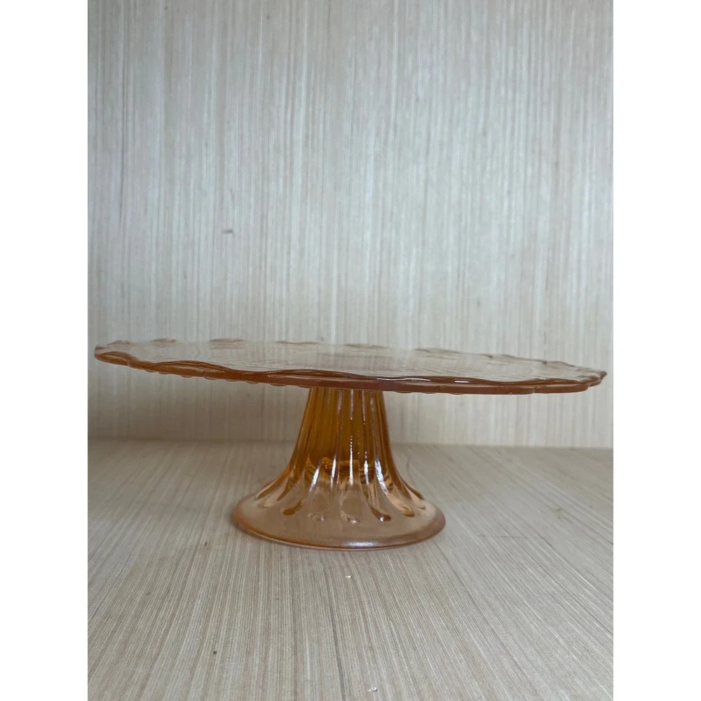 Vintage Pink Depression Glass Cake Stand Laurel Leaf Embossed Pedestal Stand